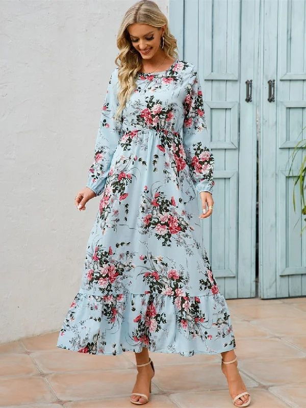 Unmissable Offer Floral Long Sleeve Maxi Dress, Long Sleeve Loose Crew Neck Dress, Casual Dresses