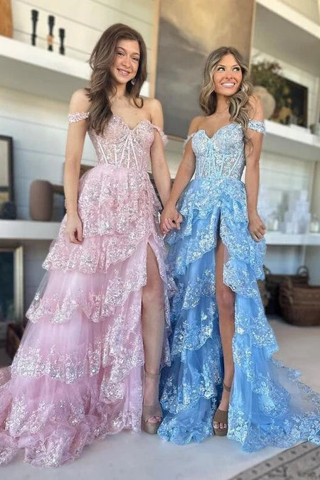 Deal Dash flowy dressflowy dressA-Line Off-Shoulder Empire With Side Slit Lace Prom Dress
