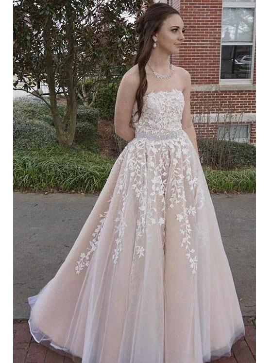 Mega Deal Chic Prom Dresses A-line Strapless Appliques Long Sexy Prom Dress/Evening Dress JKL246