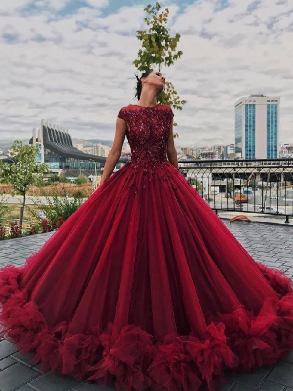 Mega Sale Ball Gown Prom Dresses Scoop Long Beading Chic Luxury Big Burgundy Prom Dress JKL984