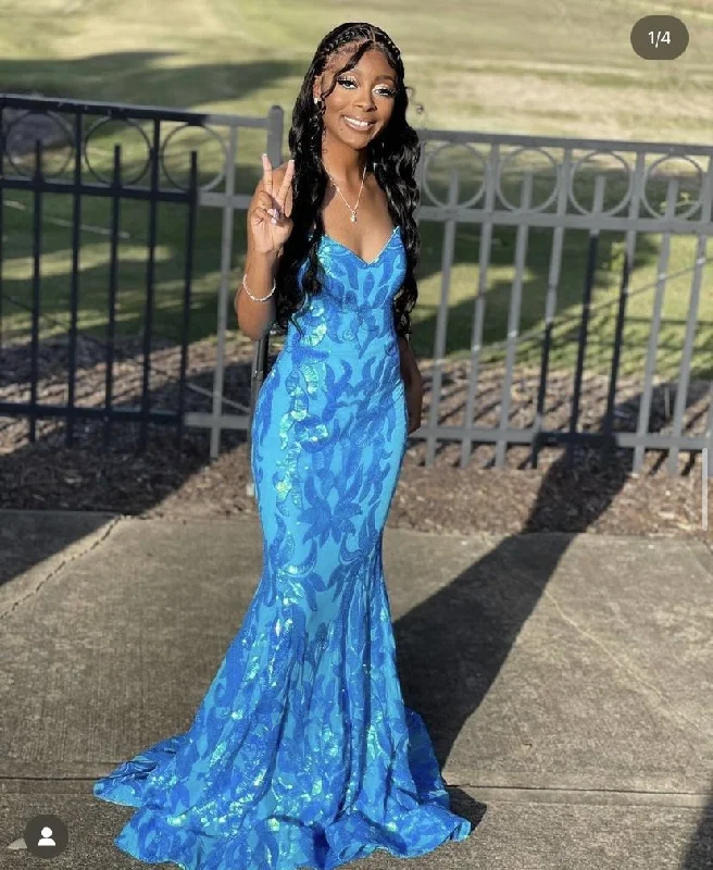 Amazing Deals playful dressplayful dressSparkly Mermaid Blue Sequins Long Prom Dress Y5118