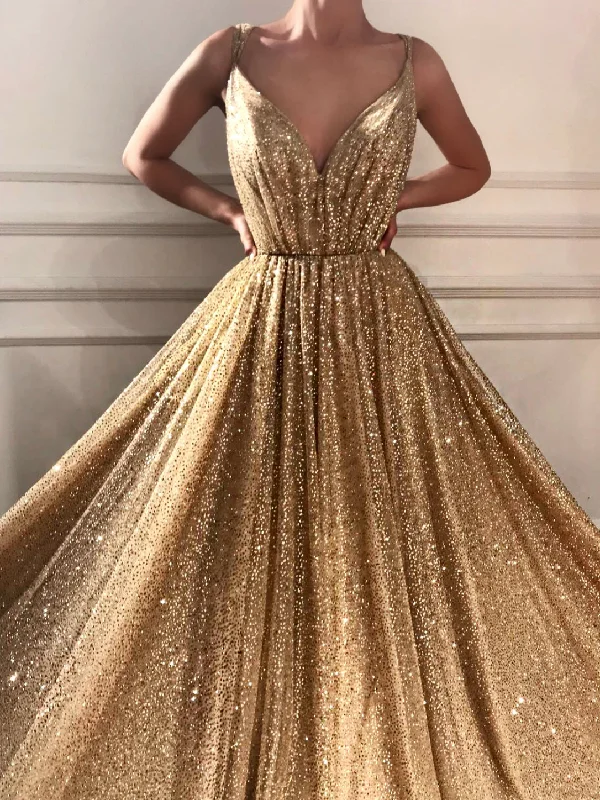 Shop and Save Sparkly Prom Dresses Spaghetti Straps A-line Gold Bling Long Sexy Prom Dress JKL1189