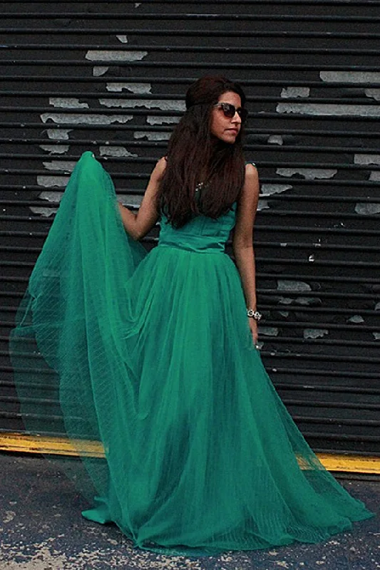 Price Break A-line Spaghetti Strap Floor Length Chapel Tulle Rhinestone Prom Dress