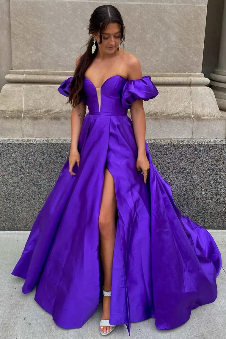 Bargain Blast stylish party dressstylish party dressPuff Off-Shoulder Satin A-Line With Slit Prom Dress