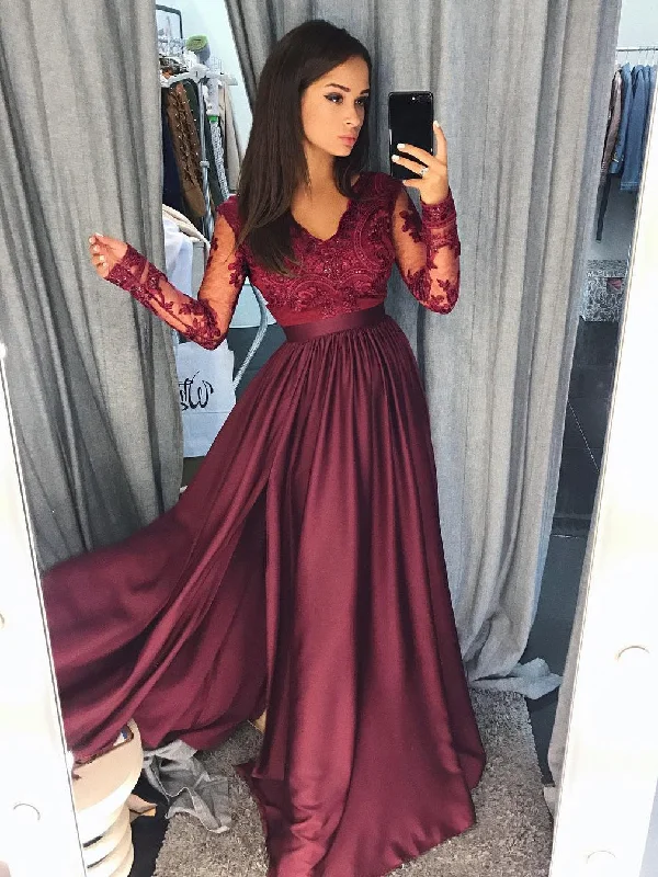 Deal of the Week Long Sleeve Prom Dresses Floor-length V-neck Slit Prom Dress Burgundy Evening Dress JKL1153