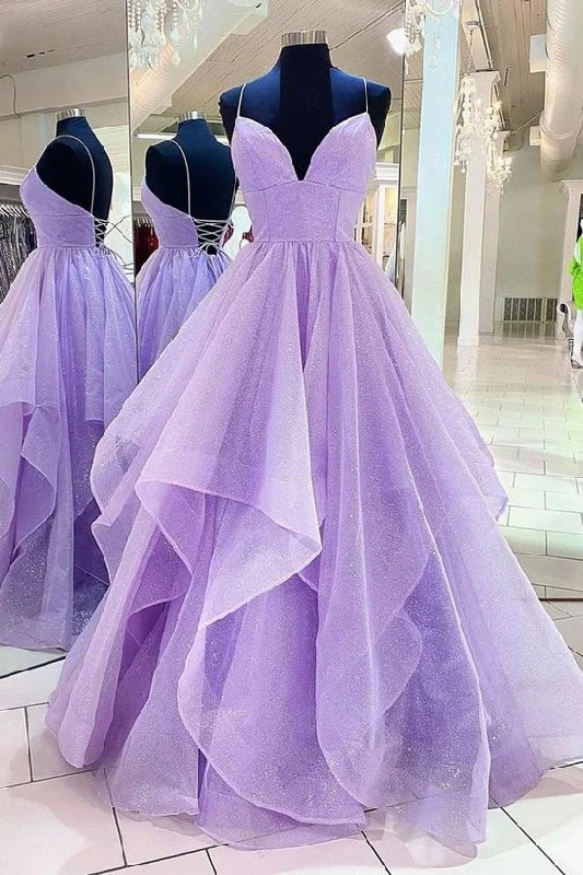 Seasonal Sale playful dressplayful dressPurple Tulle Long A-Line Prom Dress, Beautiful Spaghetti Strap Formal Evening Dress Y1178