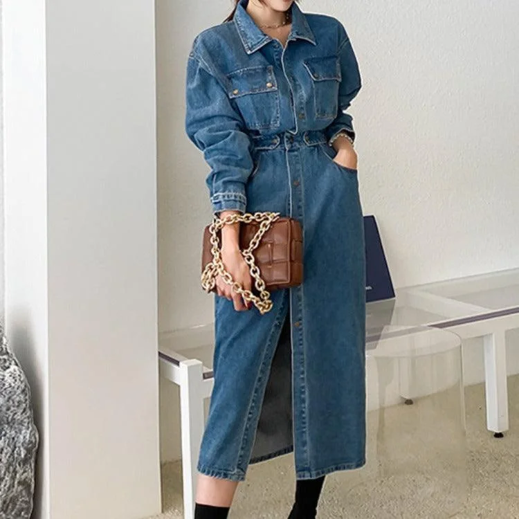Today’s Special velvet dressvelvet dressKorean style slim denim dress female waist single breasted