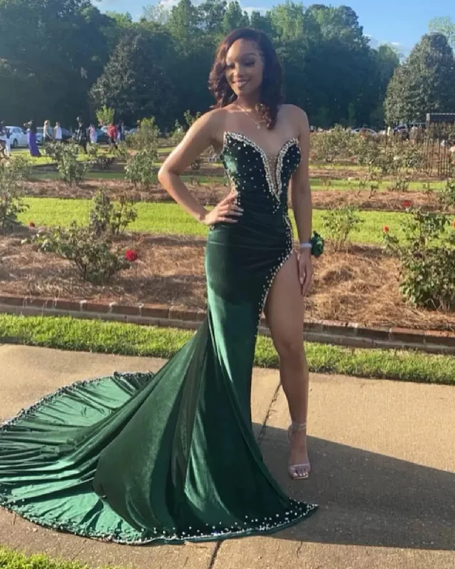 Exclusive Access cocktail dresscocktail dressGreen Velvet Sexy Strapless Prom Dresses Women Custom Split Long Evening Dress Y1422