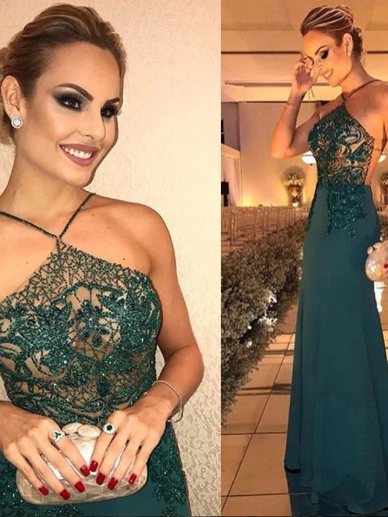 Flash Deals Halter Prom Dresses Sheath Column Dark Green Sparkly Prom Dress Long Evening Dress JKL1191