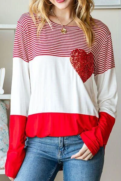 Mega Sale fashionable workout wearStriped Heart Sequin Long Sleeve T-Shirt