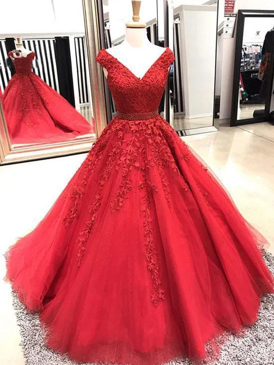 Factory Direct Sale Red Prom Dresses V-neck Aline Long Appliques Sweep Train Sparkly Prom Dress JKL1447