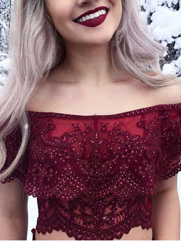 Value Deals Two Piece Prom Dresses Mermaid Off-the-shoulder Lace Burgundy Prom Dress JKL857