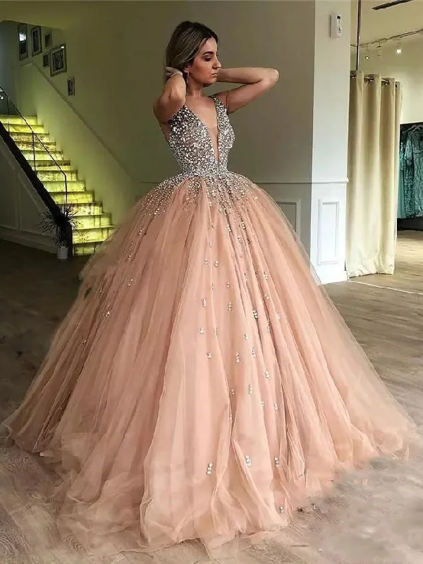 Now or Never Ball Gown Prom Dresses Straps V-neck Floor-length Sparkly Long Prom Dress JKL1196