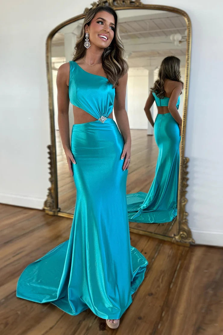 Special Savings wool dresswool dressSatin One Shoulder Sleeveless Illusion Empire Mermaid Prom Dress