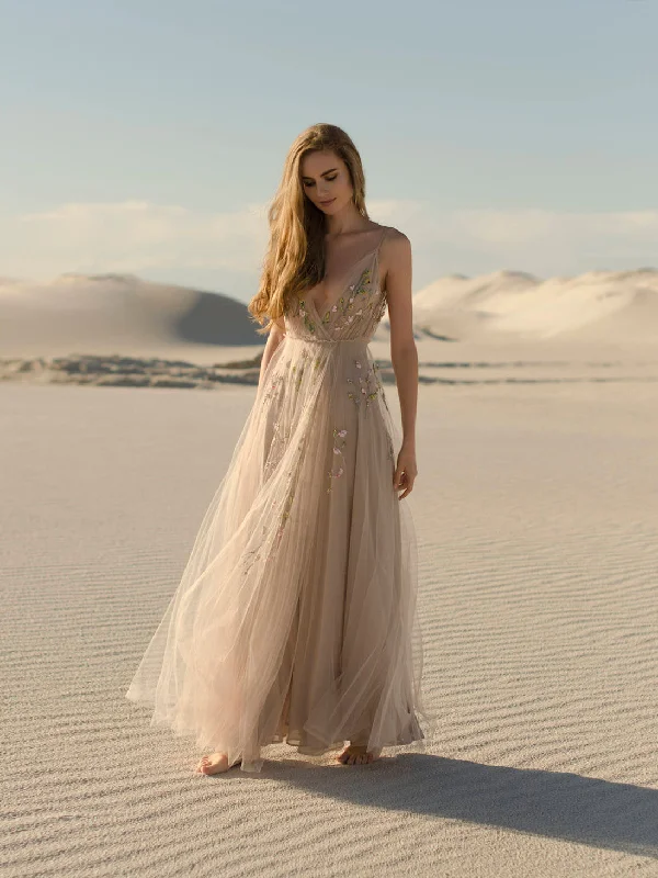 Flash Sale Backless Prom Dresses with Slit A Line Embroidery Beautiful Beach Open Back Prom Dress JKL1508