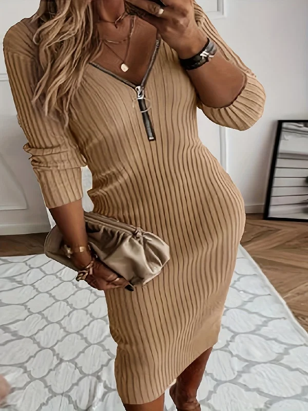 Lowest Prices Basic Dress, Women's Solid Ribbed Long Sleeve Zipper V Neck Medium Stretch Bodycon Midi Dress