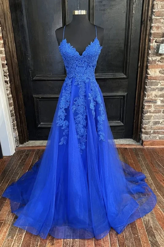Reduced Prices printed dressprinted dressA Line V Neck Blue Tulle Lace Long Prom Dresses, V Neck Blue Formal Dresses, Blue Lace Evening Dresses Y1268