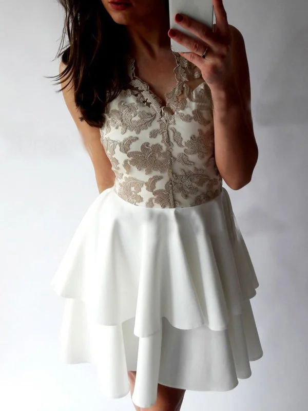 Deal Dash Sexy Homecoming Dress V-neck Lace Ivory Short Prom Dress Party Dress JK439