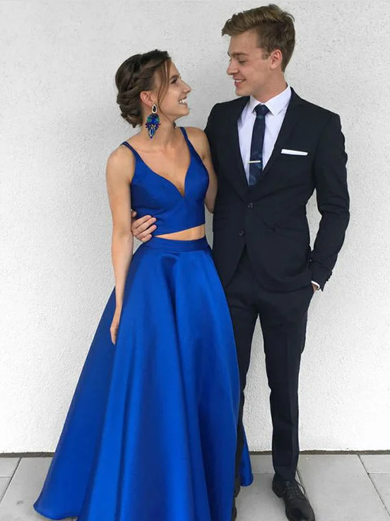 Extra Discounts Two Piece Prom Dresses Spaghetti Straps Simple Long Prom Dress Cheap Evening Dress JKL702