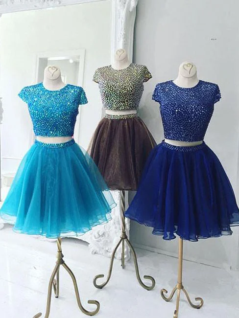 Value Deals Two Piece Homecoming Dress Scoop Rhinestone Organza Short Prom Dress Party Dress JK377