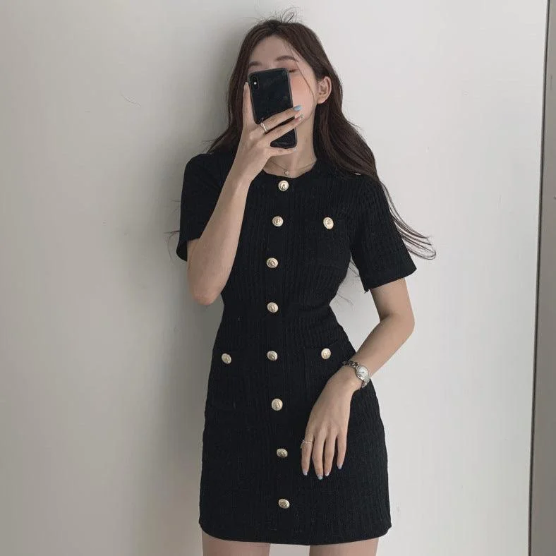 Limited Time Offer backless dressbackless dressSingle row French sweet round neck slim knitted dress