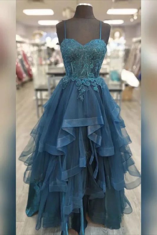 Final Sale casual evening dresscasual evening dressTeal Straps Appliques Multi-Layers Tulle Long Prom Dress Y4914 Final Sale casual evening dresscasual evening dressTeal Straps Appliques Multi-Layers Tulle Long Prom Dress Y4914