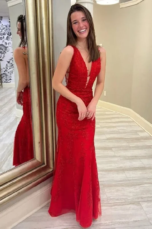 Discount Deals floral midi dressfloral midi dressRed Lace Appliques Mermaid Deep V Neck Long Prom Dresses, Evening Dress Y369