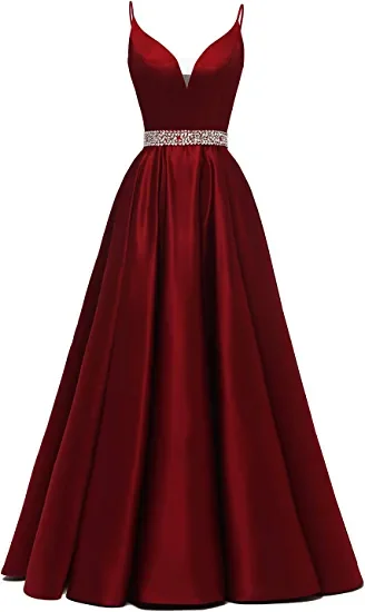 Midnight Madness denim dressdenim dressA-line Spaghetti Straps V Neck Prom Dress,Burgundy Satin Evening Dress Y1272