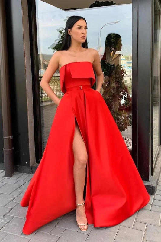 Exclusive Access Modern Side Slit Long Red Prom Dress with Ribbon GJS727