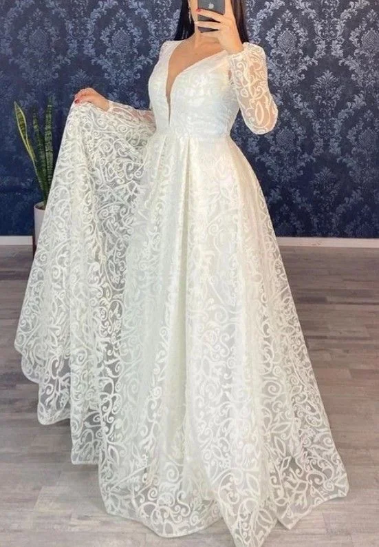 Early Bird Discount chic slip dresschic slip dressLong Sleeve A Line V Neck Lace Wedding Dress Bridal Gown Y5003