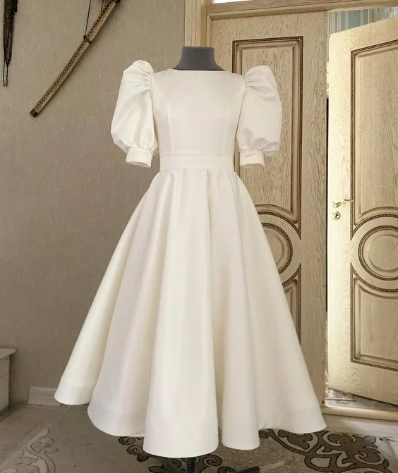 Closeout v-neck dressv-neck dressA-line White Satin Midi-length Prom Dress,White Princess Dress Y4790