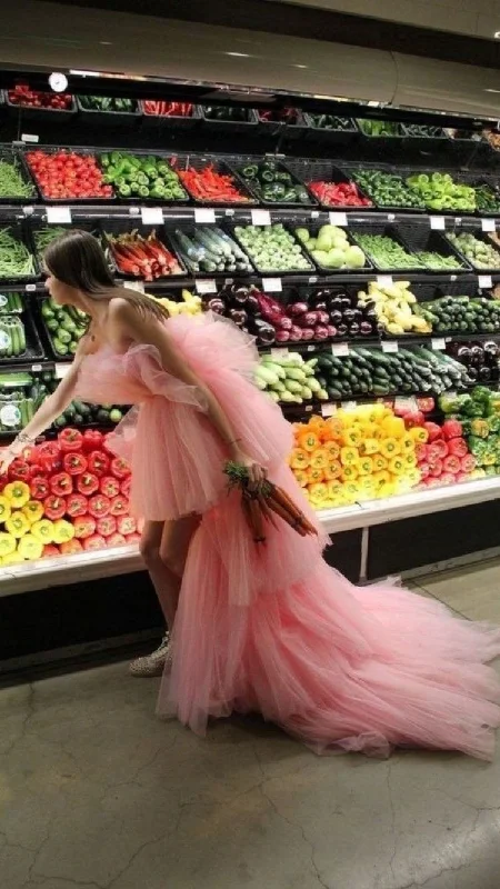 New Arrival cocktail party dresscocktail party dressCharming Pink Tulle Hi-low Prom Dress,Strapless Pink Evening Dress  Y1316