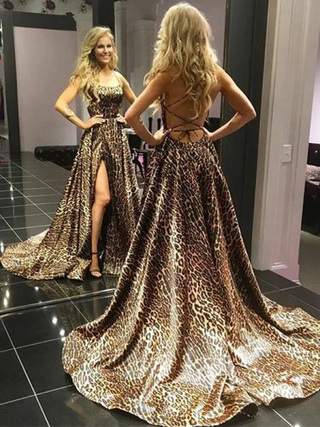 Take Advantage Open Back Prom Dresses Spaghetti Straps Aline Leopard Print Prom Dress Slit Evening Dress JKL1440
