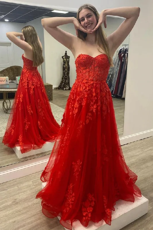 Holiday Sale Strapless Red Tulle Long Prom Dress with Lace Appliques GJS706