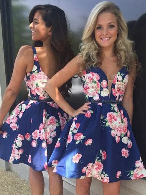 Bargain Prices Cute Homecoming Dresses Straps A Line Floral Print Short Prom Dress Party Dress JK743