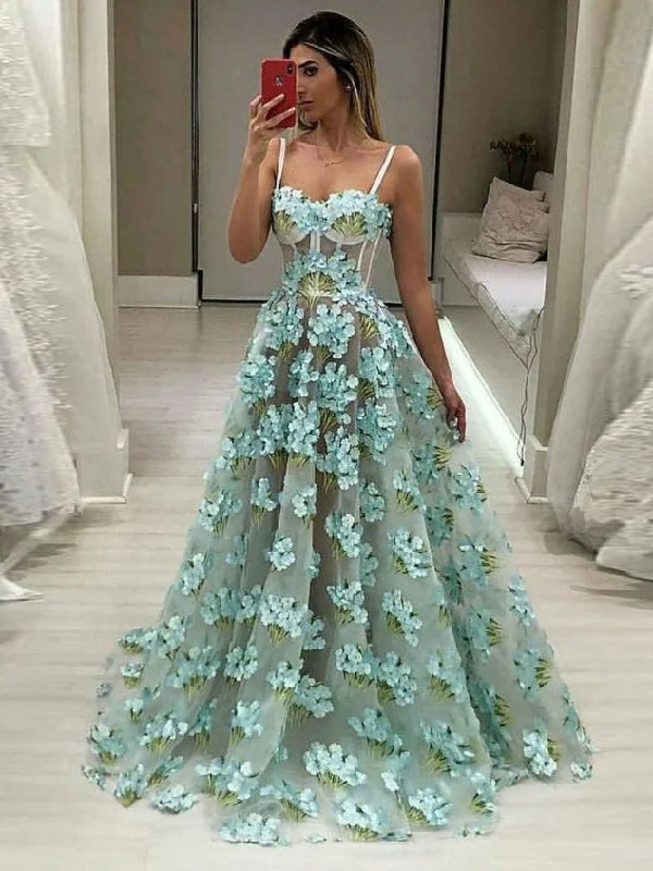 Customer Appreciation Sale Chic Prom Dresses with Spaghetti Straps Aline Floor-length Floral Lace Long Prom Dress JKL1489