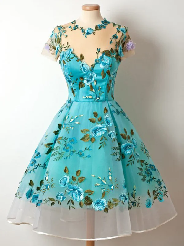 Crazy Deals Lace Homecoming Dresses Scoop A Line Floral Short Prom Dress Cute Party Dress JK863