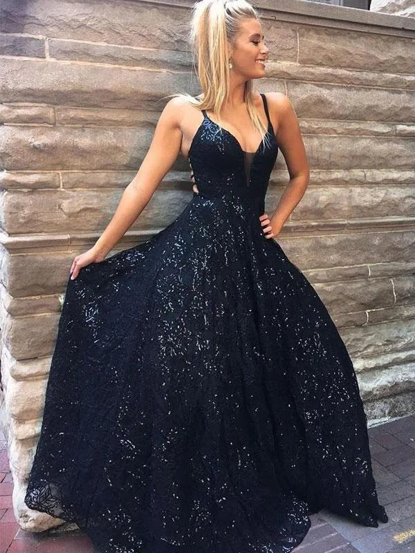 New Arrival A-line Dark Navy Spaghetti Straps Lace Prom Dress Sparkly Long Evening Dresses NA4004
