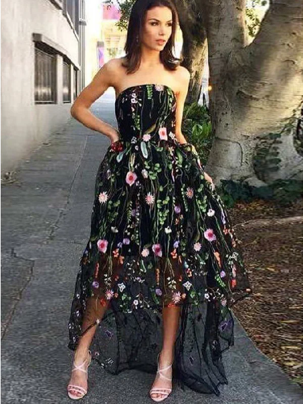 Special Buy Black Prom Dresses A Line Strapless Lace High Low Long Prom Dress JKL875