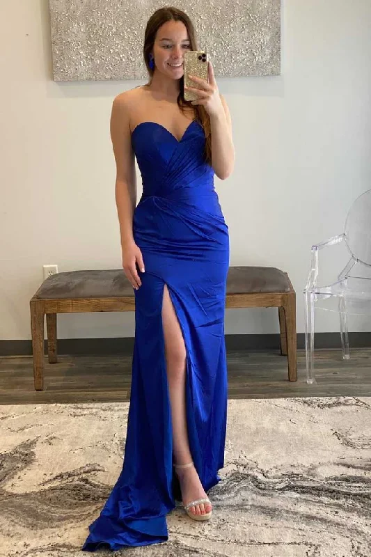 Mega Sale Hot Blue Sweetheart Ruffled Bodice Floor Length Sheath Satin Prom Dresses GJS733