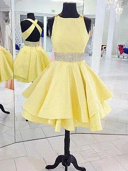 Huge Discounts Cheap Yellow Homecoming Dresses Criss-Cross Straps Short Prom Dress Party Dress JK698