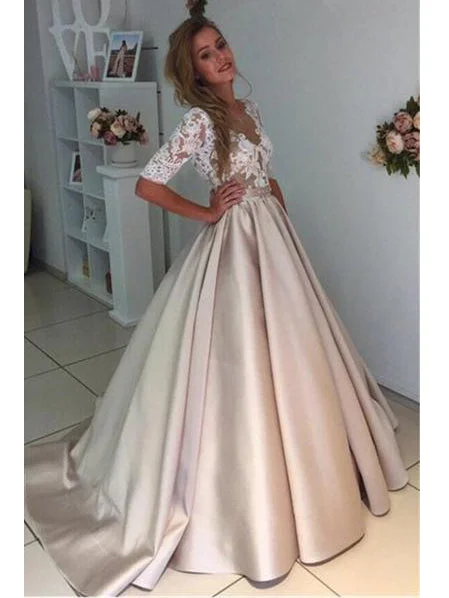 Deal Alert Ball Gown Sexy Prom Dresses Scoop Half Sleeve Short Train Satin Prom Dress/Evening Dress JKL215