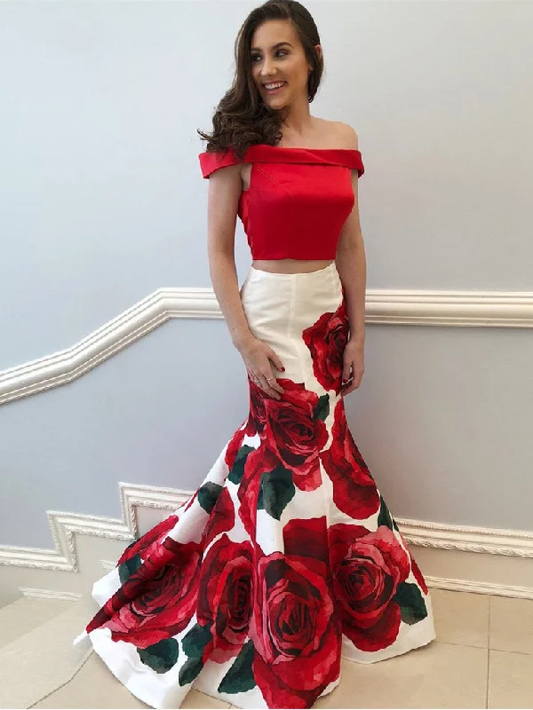 Super Bargain Two Piece Prom Dresses Trumpet Rose Floral Print Long Mermaid Prom Dress JKL914