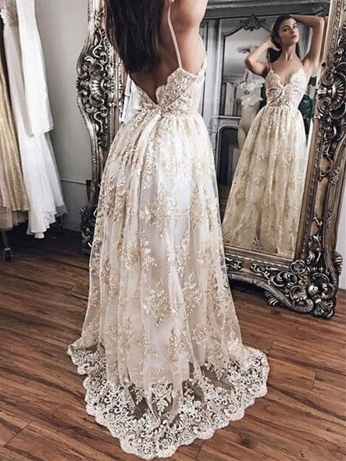 Instant Discount Prom Dresses Lace Champagne Backless Sexy Prom Dress/Evening Dress #JKL038