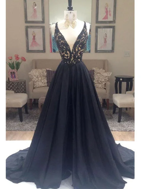 Stock Clearance Black Prom Dresses V-neck Sweep/Brush Train Taffeta Long Prom Dress/Evening Dress JKL231