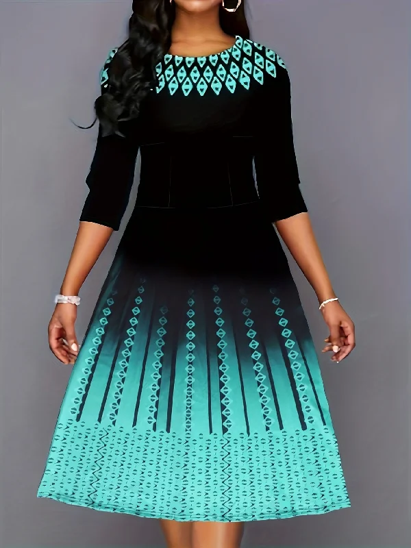 Lowest Price Argyle Print Color Block Dress, Casual Crew Neck Half Sleeve Midi Dress