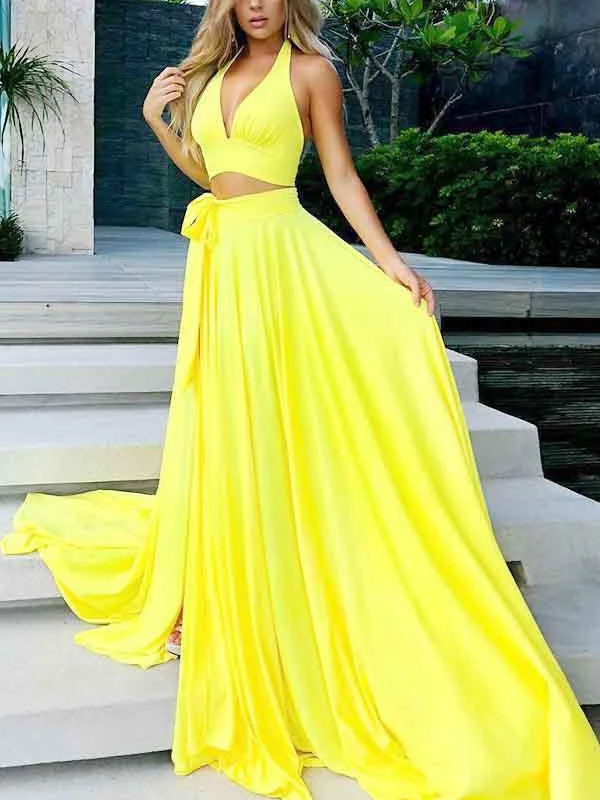 Special Discount Two Piece Prom Dresses A Line Yellow Simple Cheap Long Prom Dress Sexy Evening Dress JKL1247