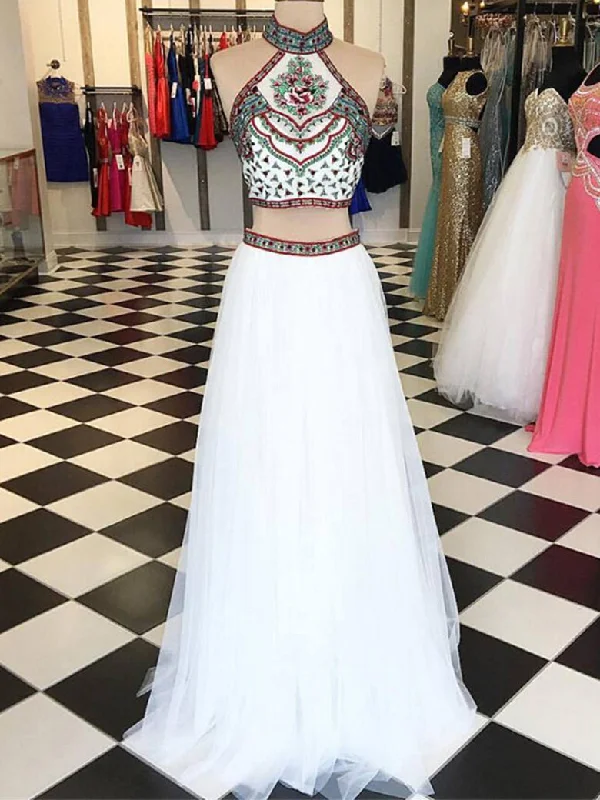 Act Now Two Piece Prom Dresses Aline High Neck Embroidery White Long Prom Dress JKL890
