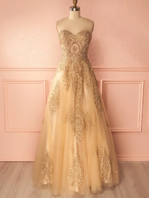 Factory Direct Sale Beautiful Prom Dresses A-line Sweetheart Gold Lace-up Prom Dress/Evening Dress JKS121
