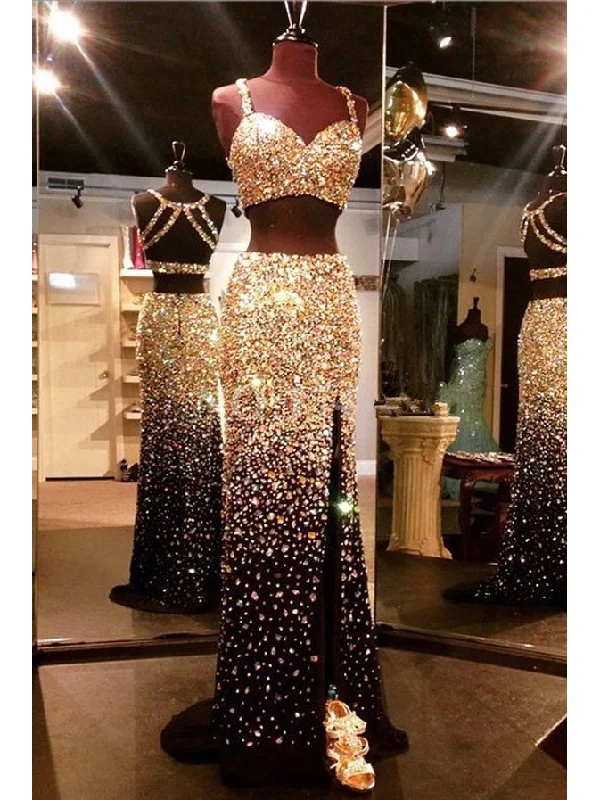 Low Prices Two Piece Prom Dresses Sheath/Column Straps Short Train Slit Sexy Prom Dress/Evening Dress JKL194